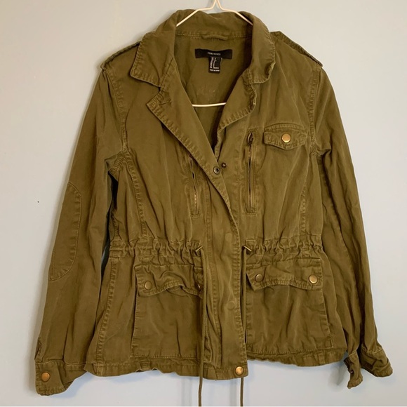 Forever 21 olive green military fatigue style jacket with cargo pockets Sz S - Picture 9 of 11